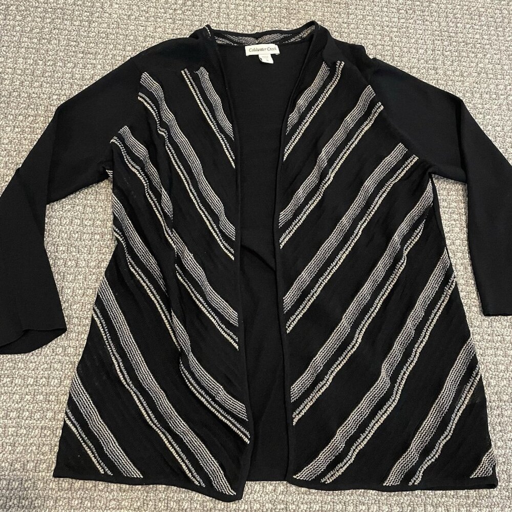 Coldwater Creek Cardigan Womens L Open Front Knit Black Stitch Detail Sweater